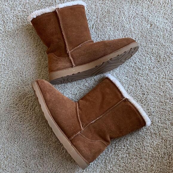 Chestnut Plush‎ Sherpa Fur Suede Leather Button Brown ugg style Boots Size 10 - Picture 4 of 9